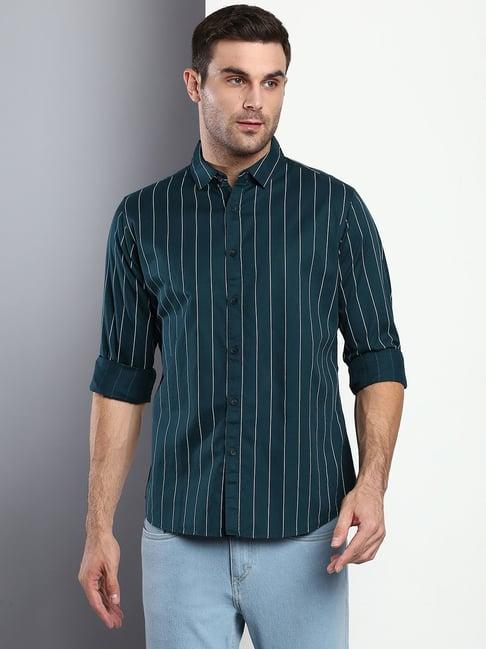 dennis lingo t-green cotton slim fit striped shirt