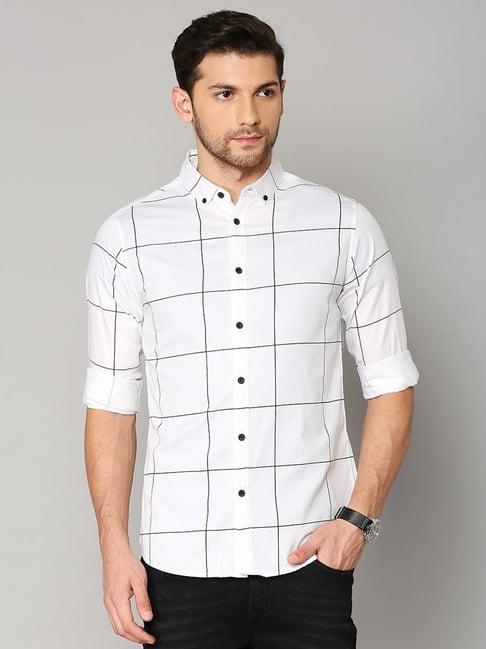 dennis lingo white cotton slim fit checks shirt