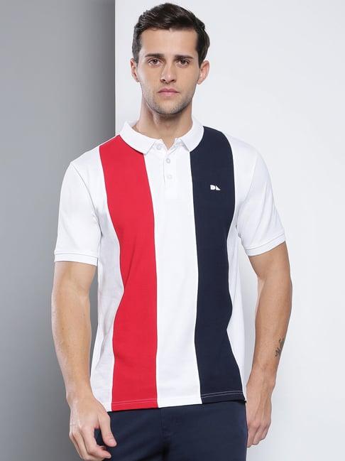 dennis lingo white cotton slim fit striped polo t-shirt