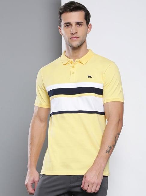 dennis lingo yellow cotton slim fit striped polo t-shirt