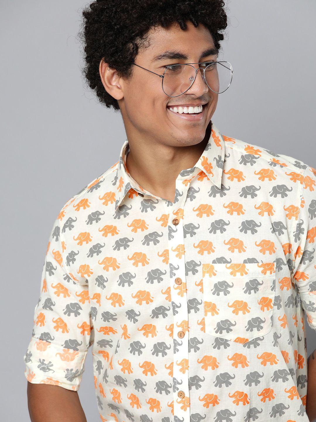 dennison men cream-coloured regular fit printed casual shirt