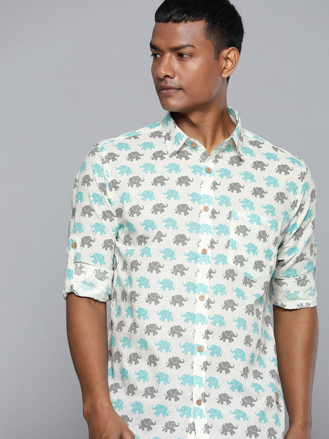 dennison men cream-coloured regular fit printed casual shirt
