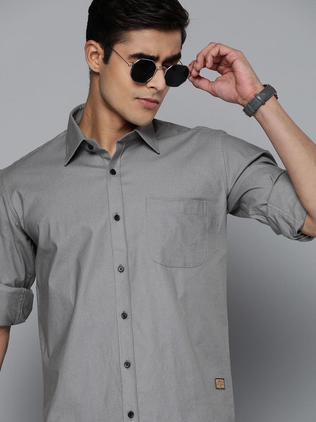 dennison men grey solid pure cotton smart slim fit casual shirt