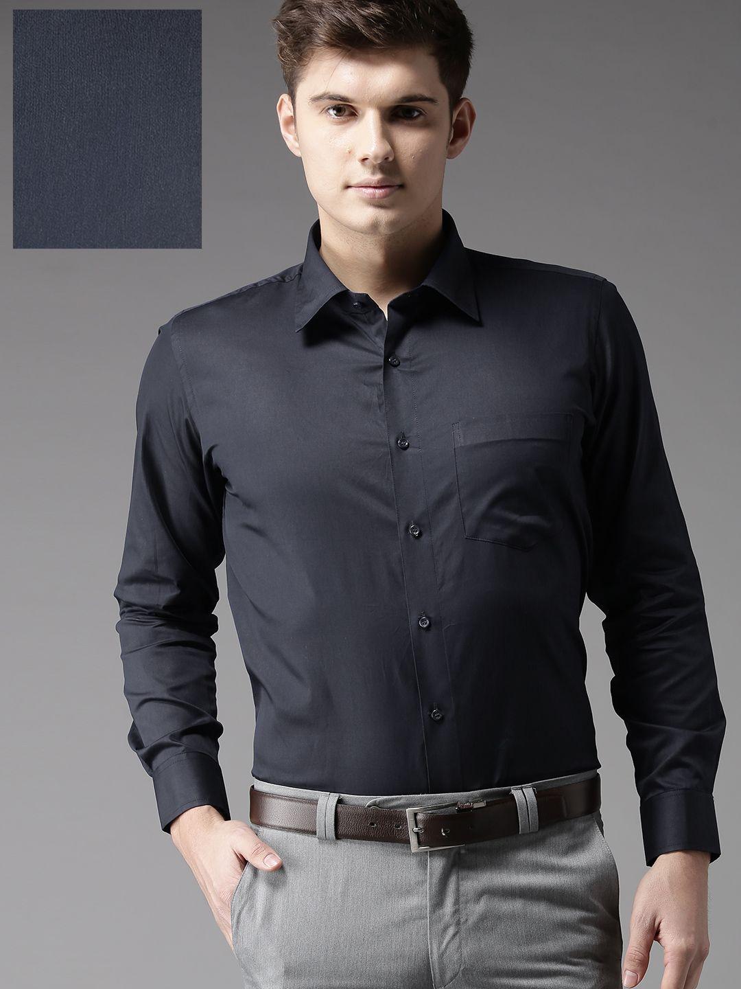dennison men navy blue regular fit solid formal shirt