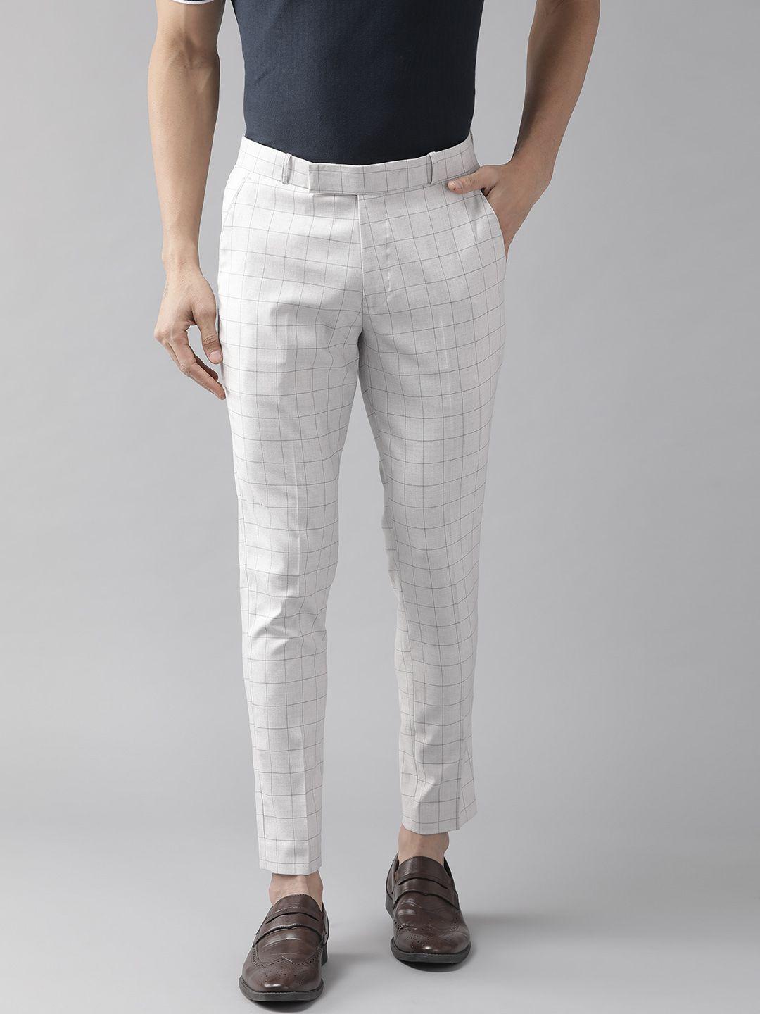 dennison men off-white & grey smart tapered fit self-checked regular trousers