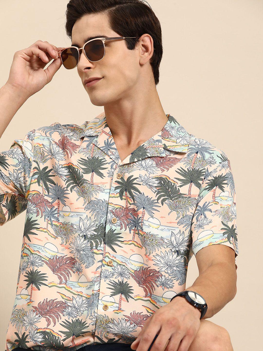 dennison men smart floral opaque printed cuban collar casual shirt