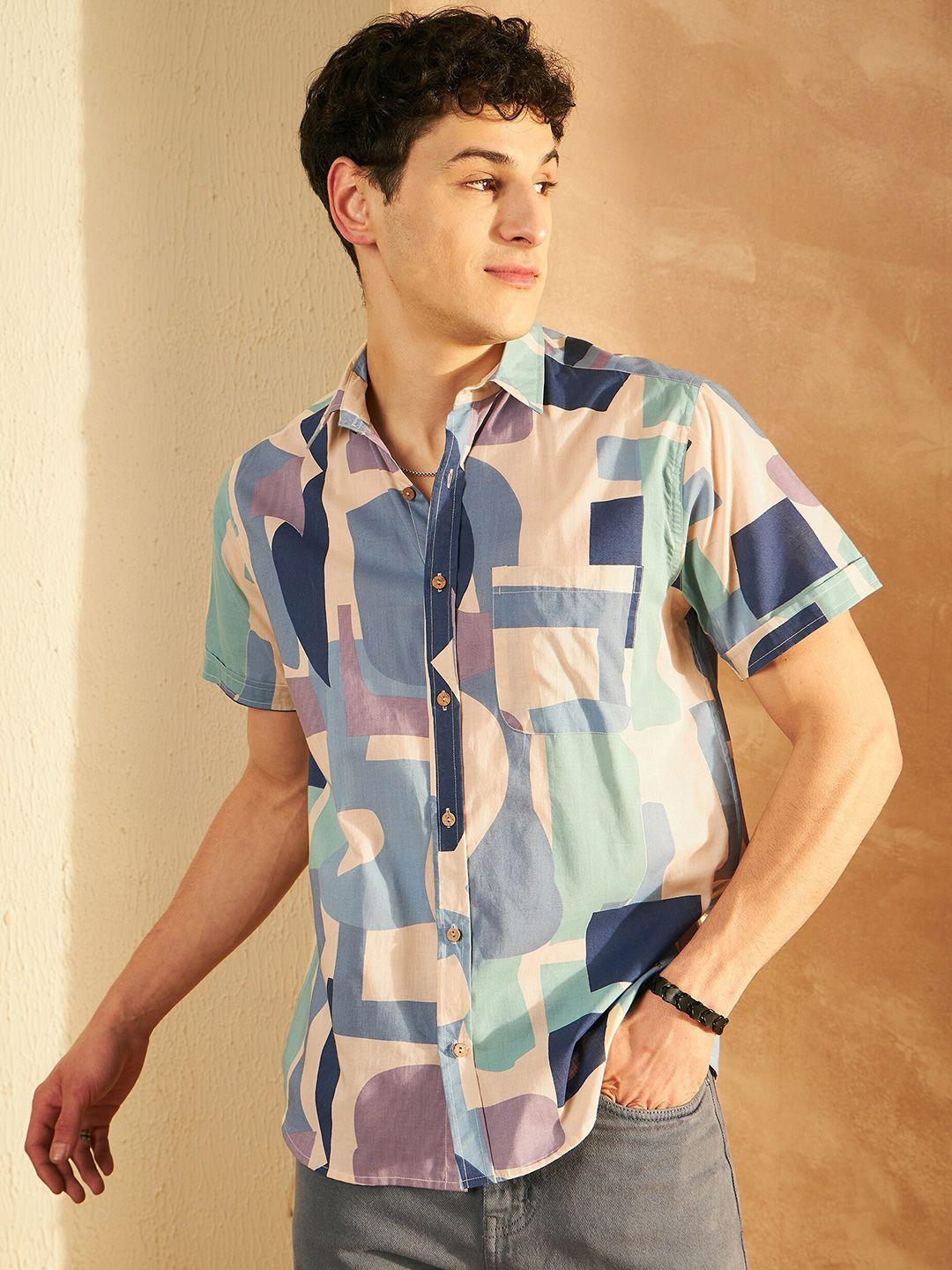 dennison smart geometric printed spread collar cotton oversized casual shirt