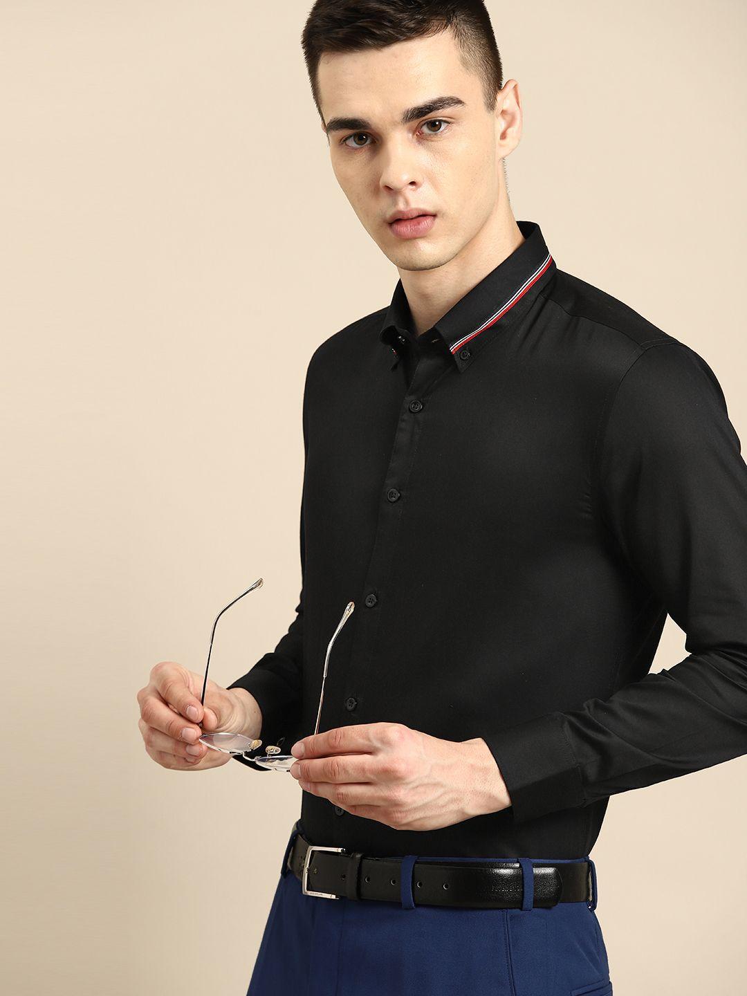 dennison tape on collar smart slim fit opaque formal shirt