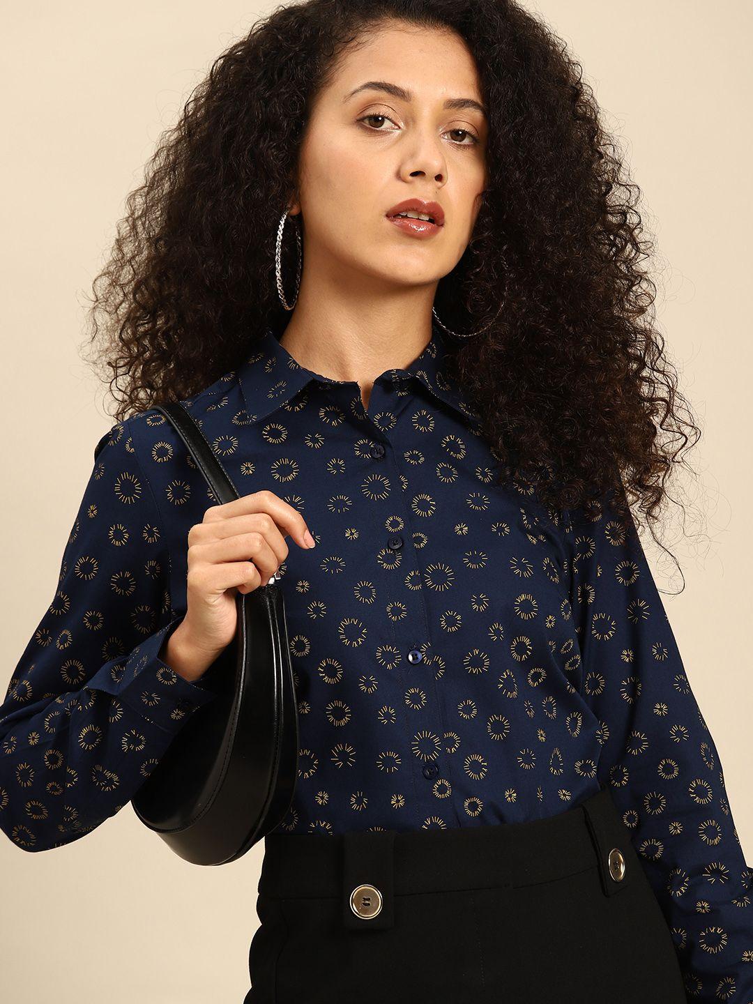 dennison women navy blue smart slim fit floral opaque printed casual shirt