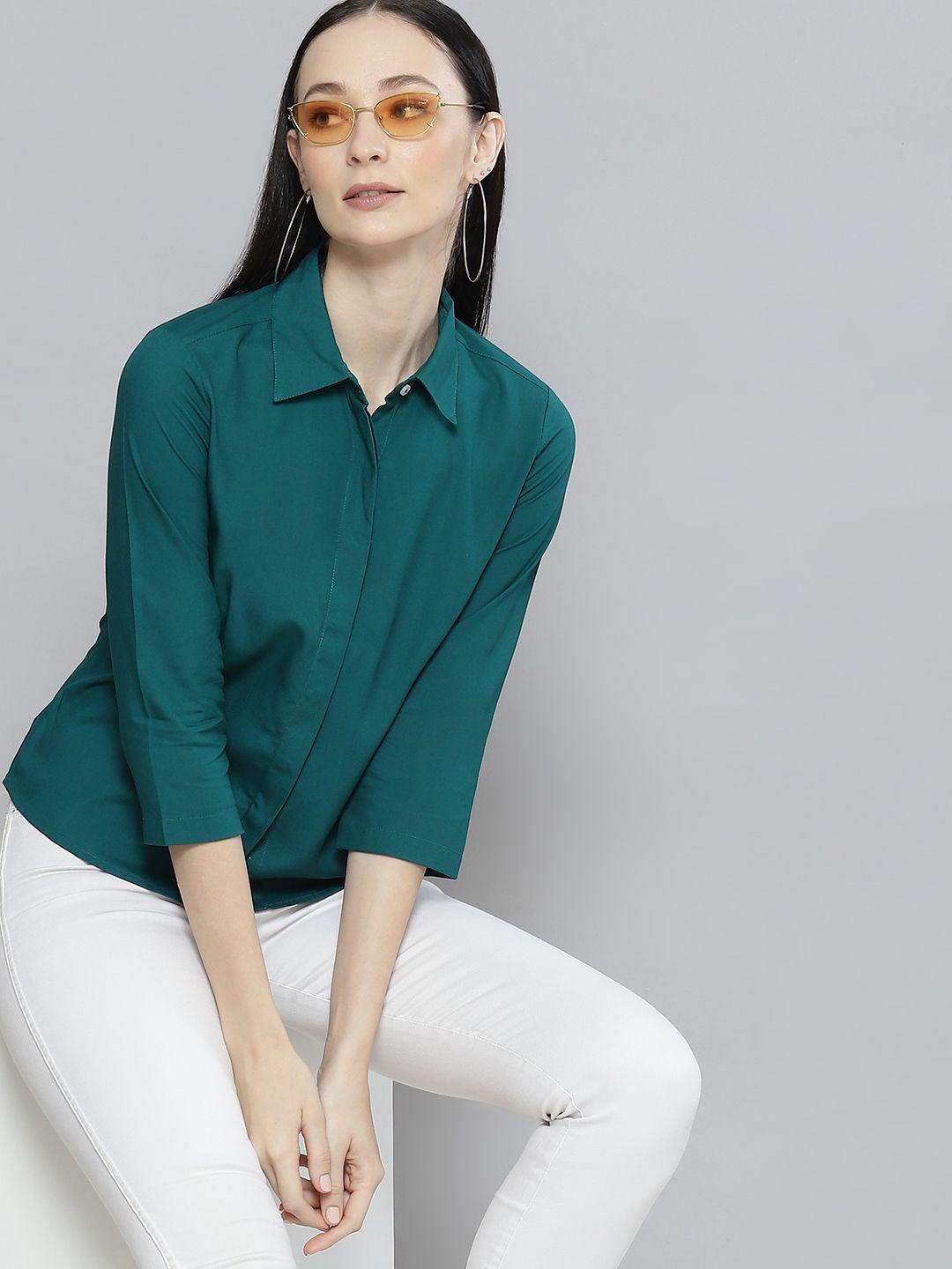 dennison women teal green solid smart slim fit casual shirt