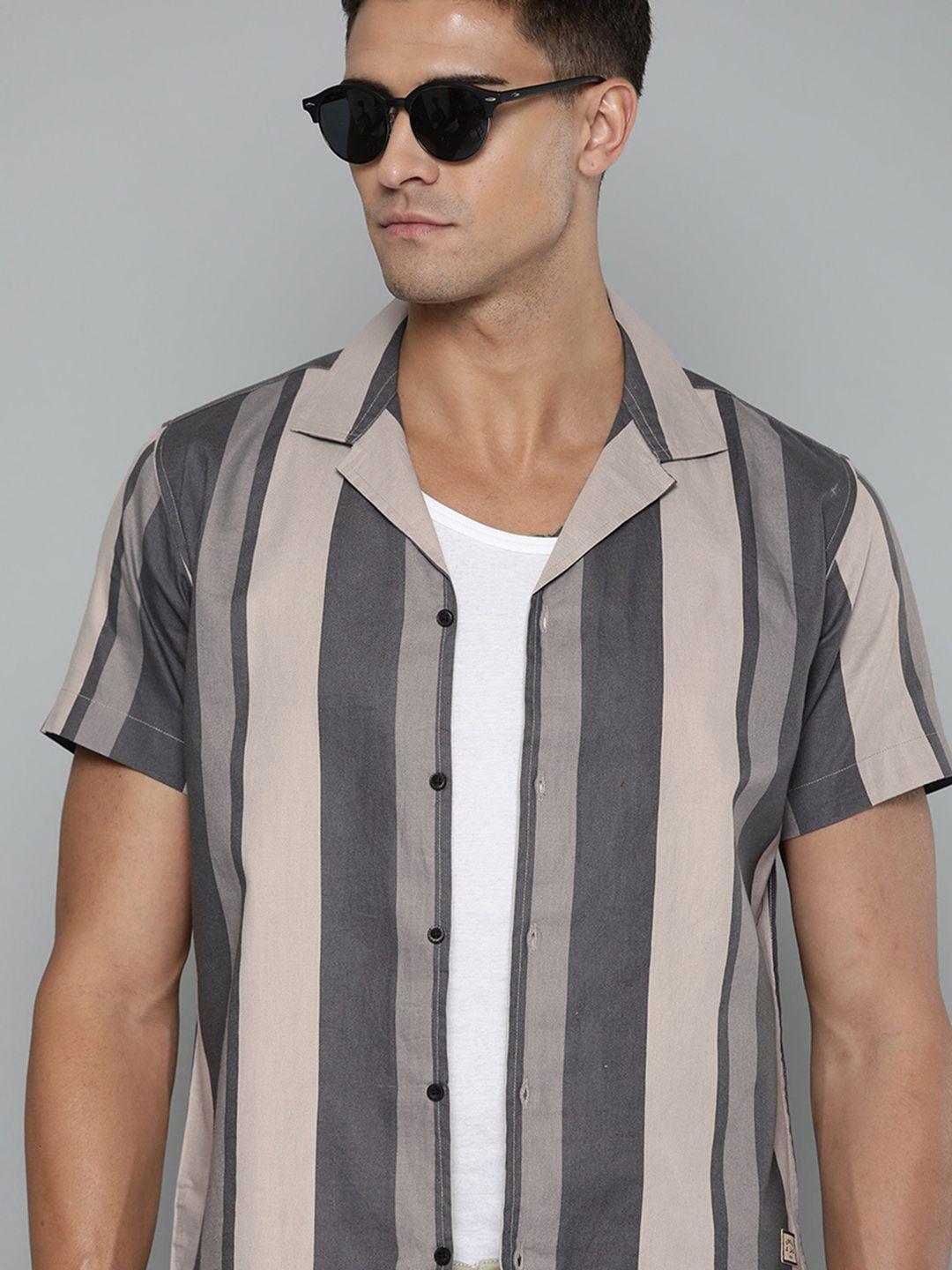 dennison men beige smart slim fit striped cotton casual shirt