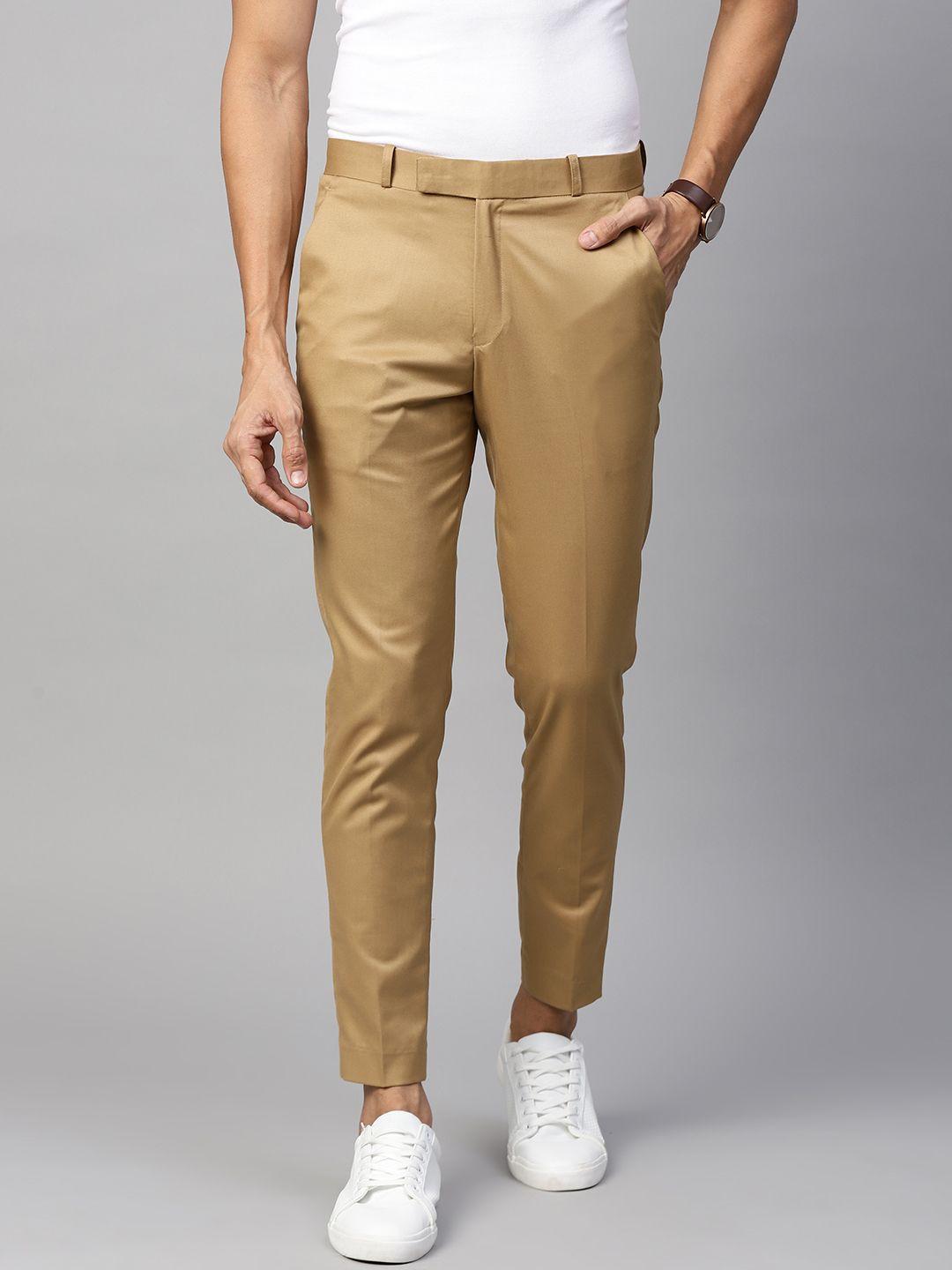 dennison men beige smart tapered fit cropped trousers