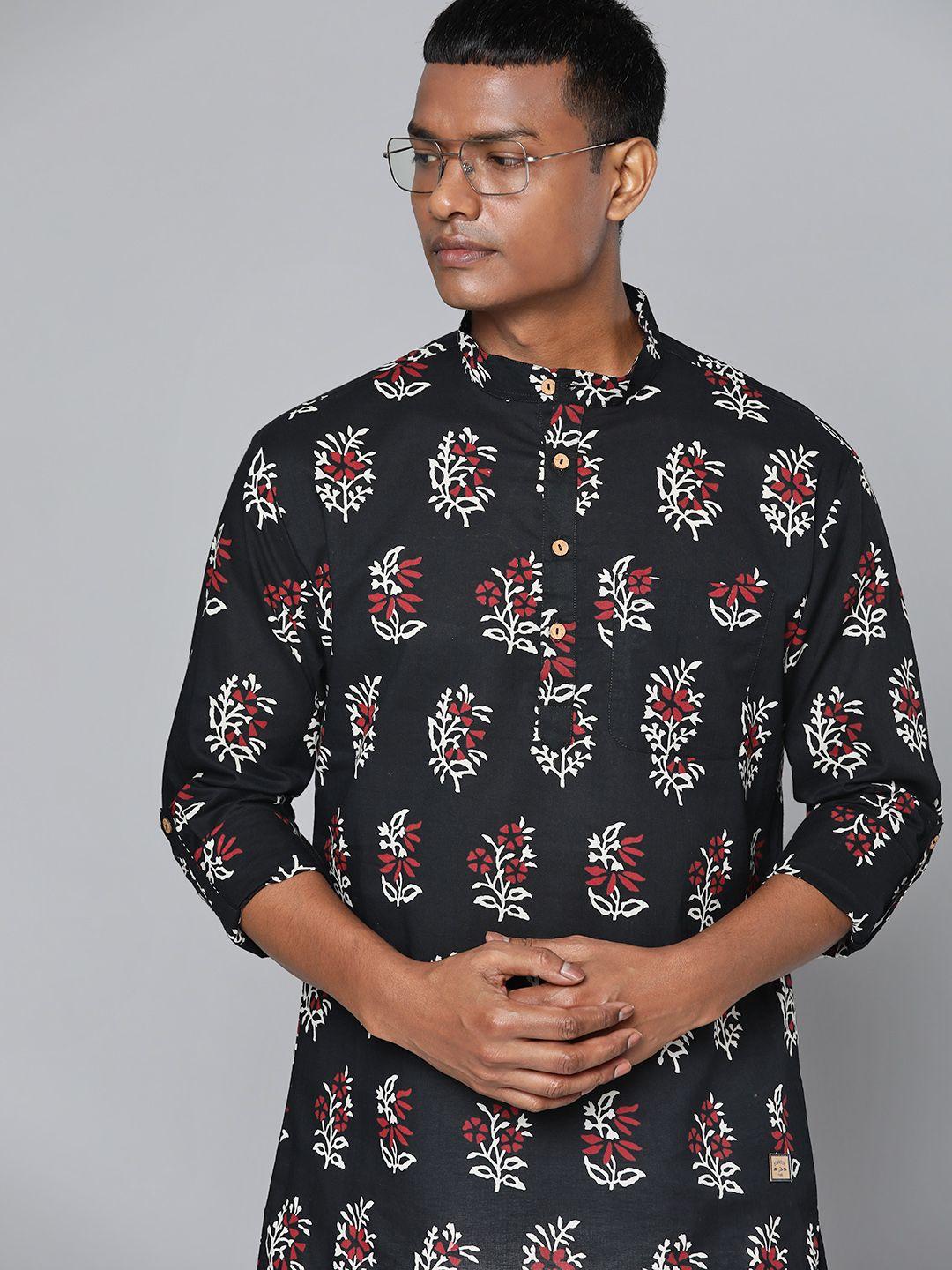 dennison men black & white floral printed kurta