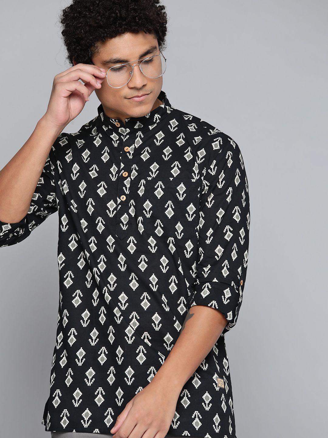 dennison men black floral printed kurta