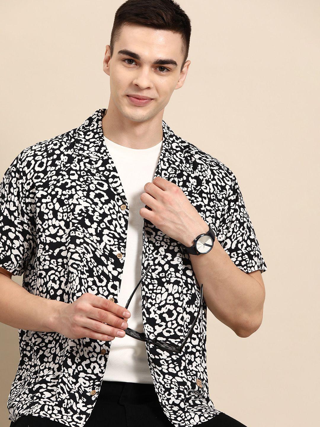 dennison men black smart  abstract printed cuban collar casual shirt