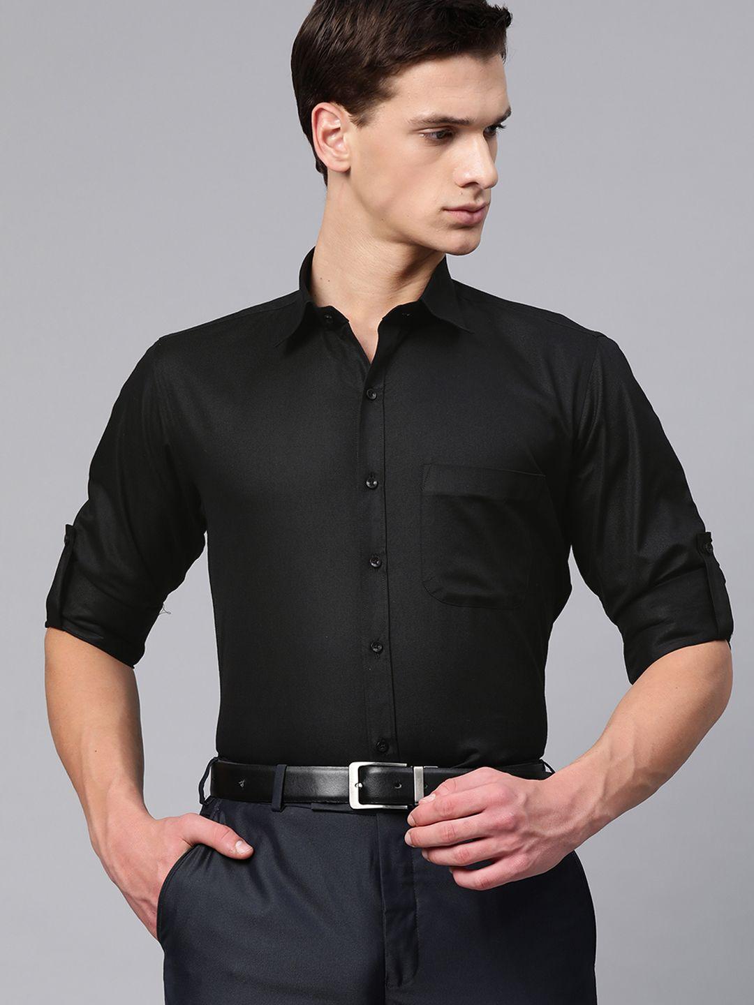 dennison men black twill weave cotton smart slim fit solid formal shirt