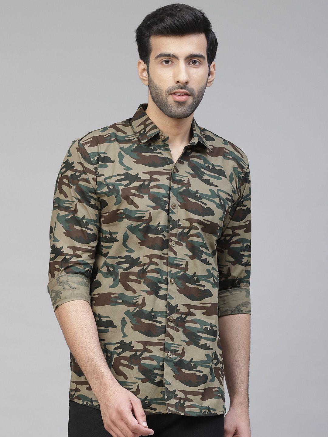 dennison men brown & green slim fit camouflage printed casual shirt