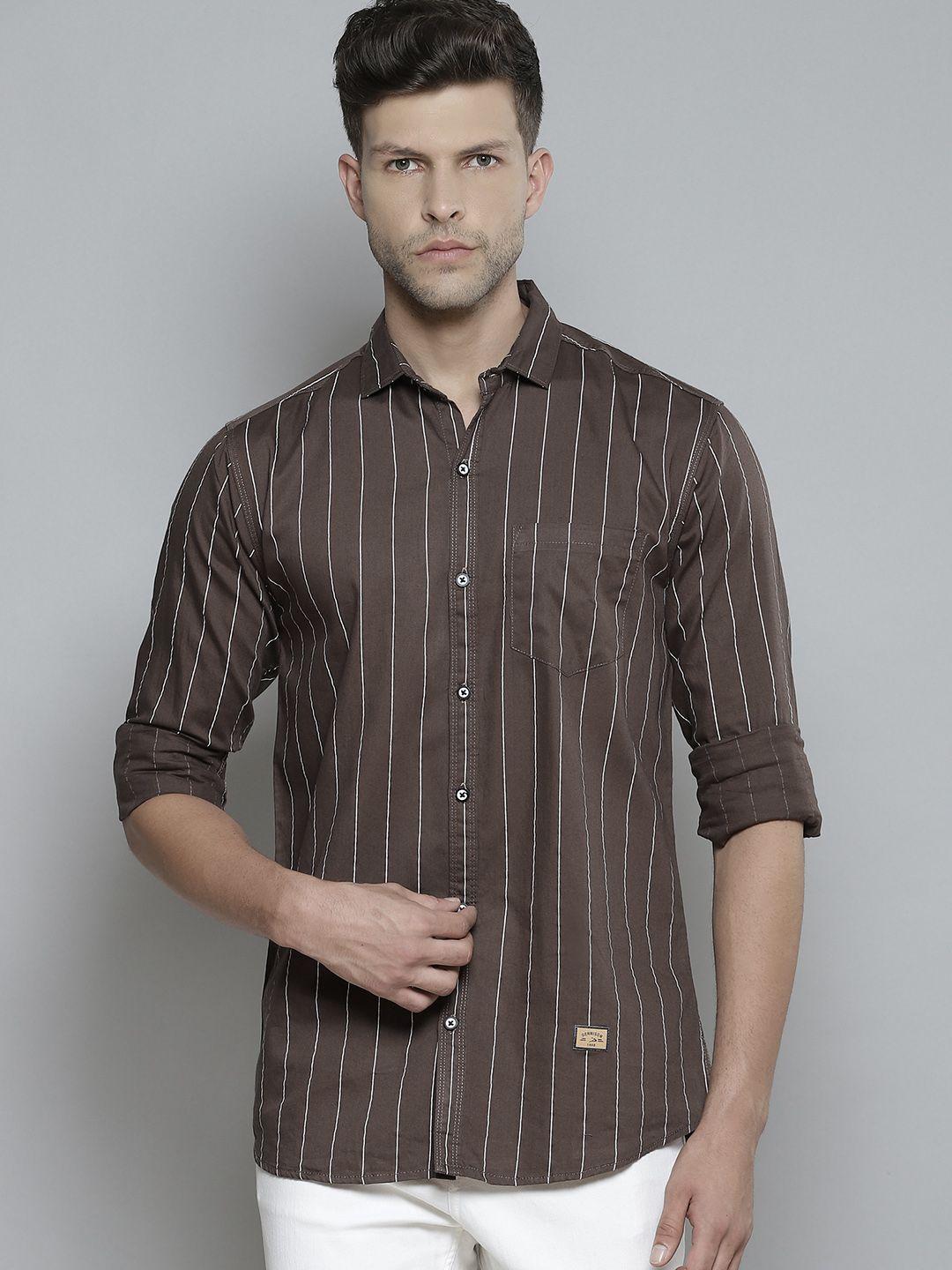 dennison men brown & white striped smart slim fit opaque casual shirt