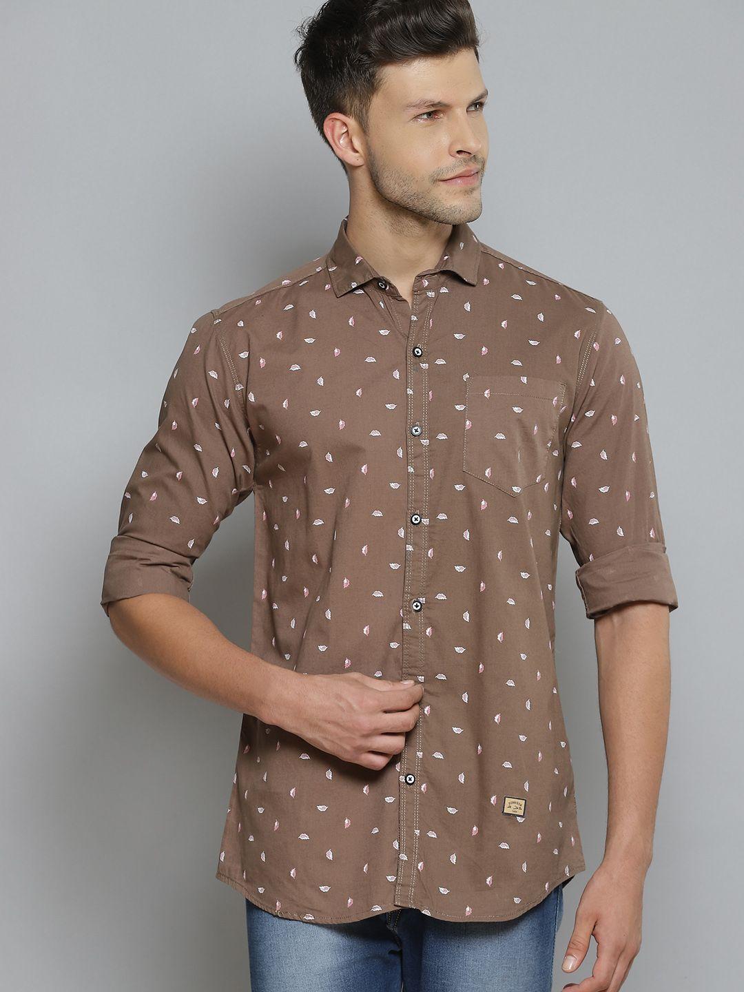 dennison men brown smart slim fit opaque feather printed casual shirt