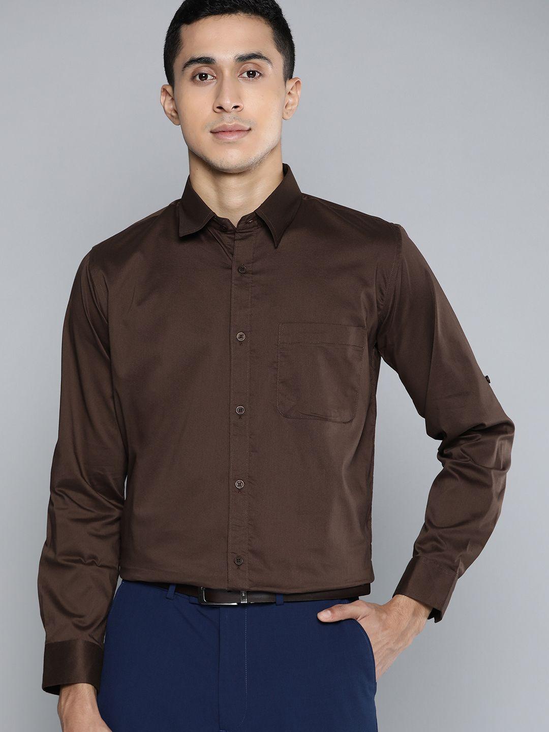 dennison men brown solid smart slim fit stretchable lycra formal shirt