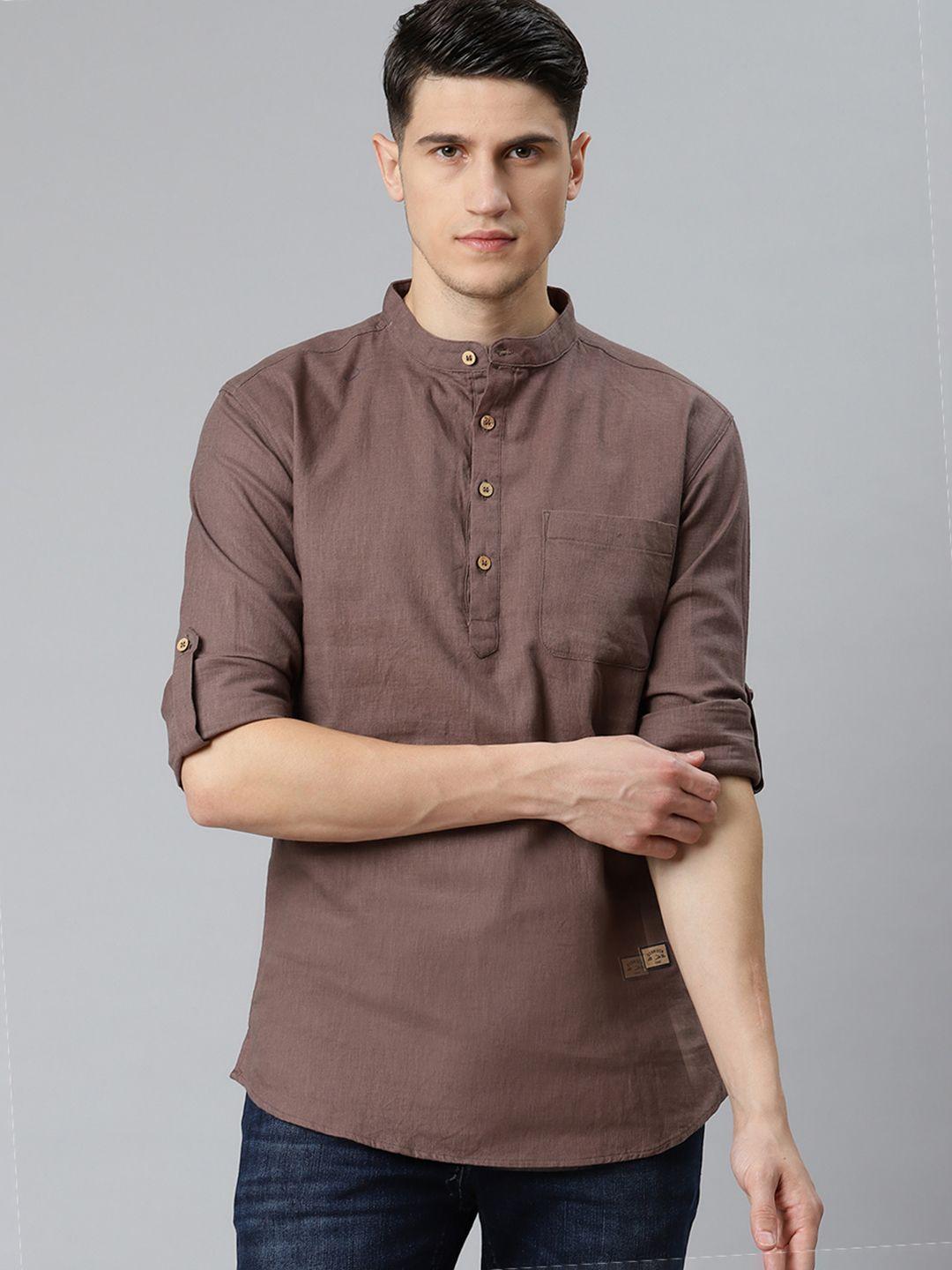 dennison men brown solid straight pure cotton short kurta