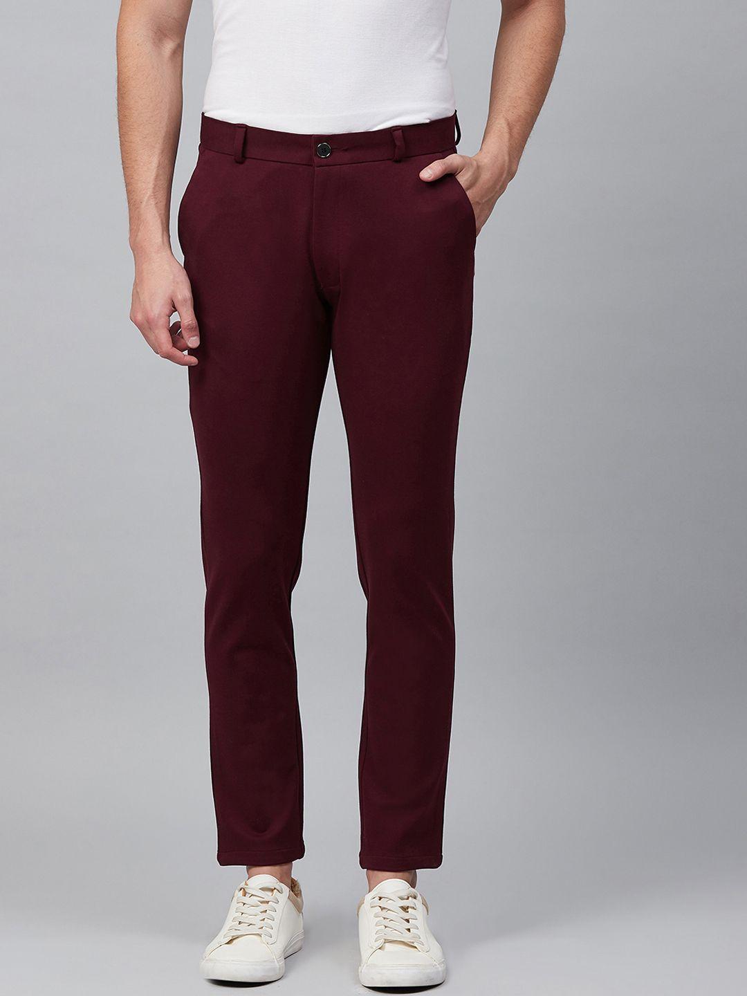 dennison men burgundy 4-way lycra wrinkle free cropped fit solid chinos