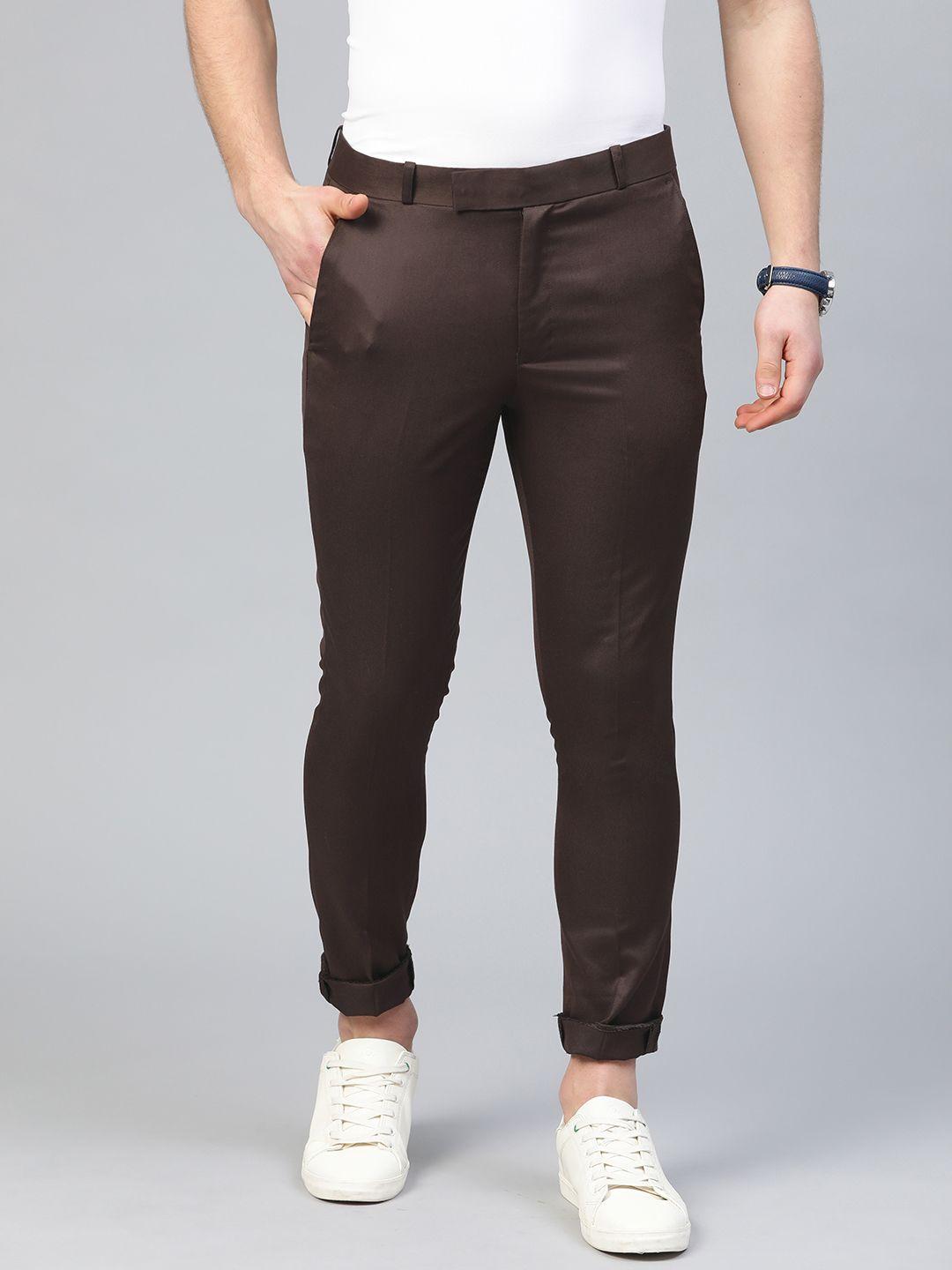 dennison men coffee brown smart tapered fit solid cropped chinos