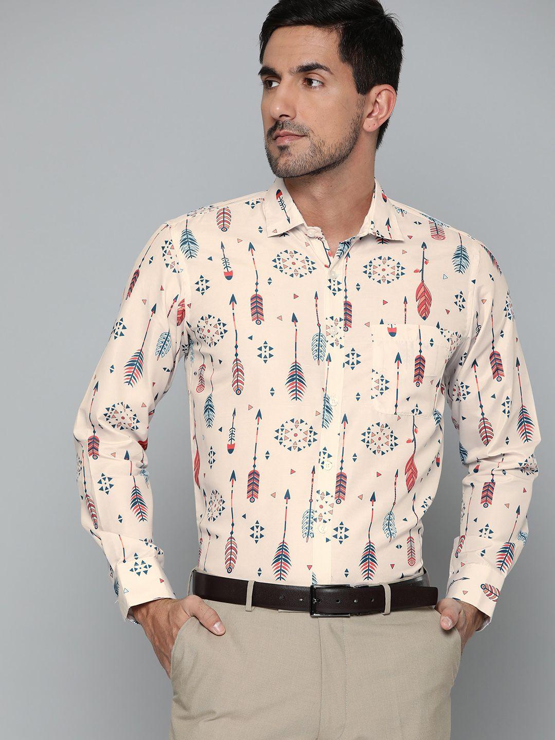 dennison men cream-coloured conversational printed smart slim fit casual shirt