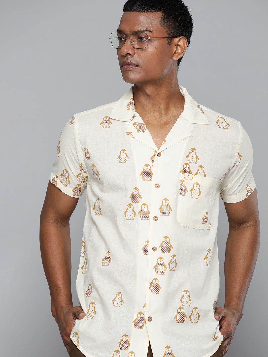 dennison men cream-coloured regular fit printed casual shirt