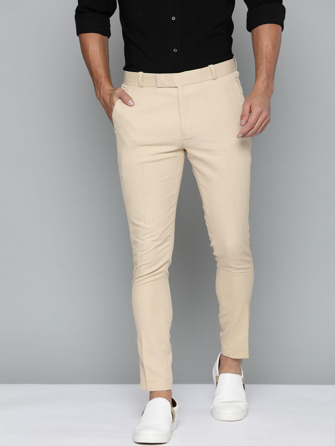 dennison men cream-coloured self design smart tapered fit easy wash trousers