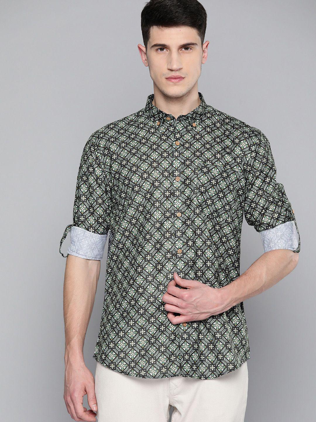 dennison men green smart slim fit printed casual shirt