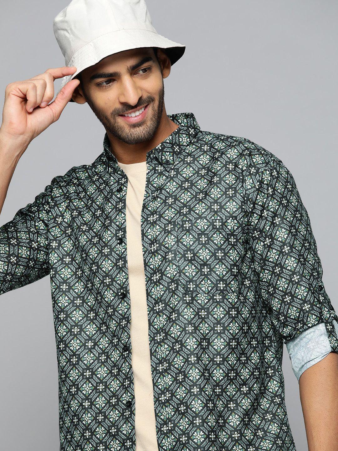 dennison men green smart slim fit printed casual shirt