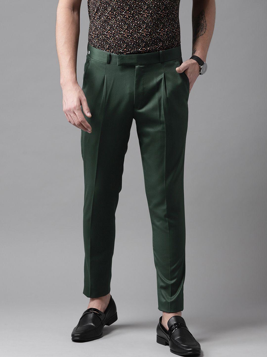 dennison men green smart tapered fit solid regular trousers