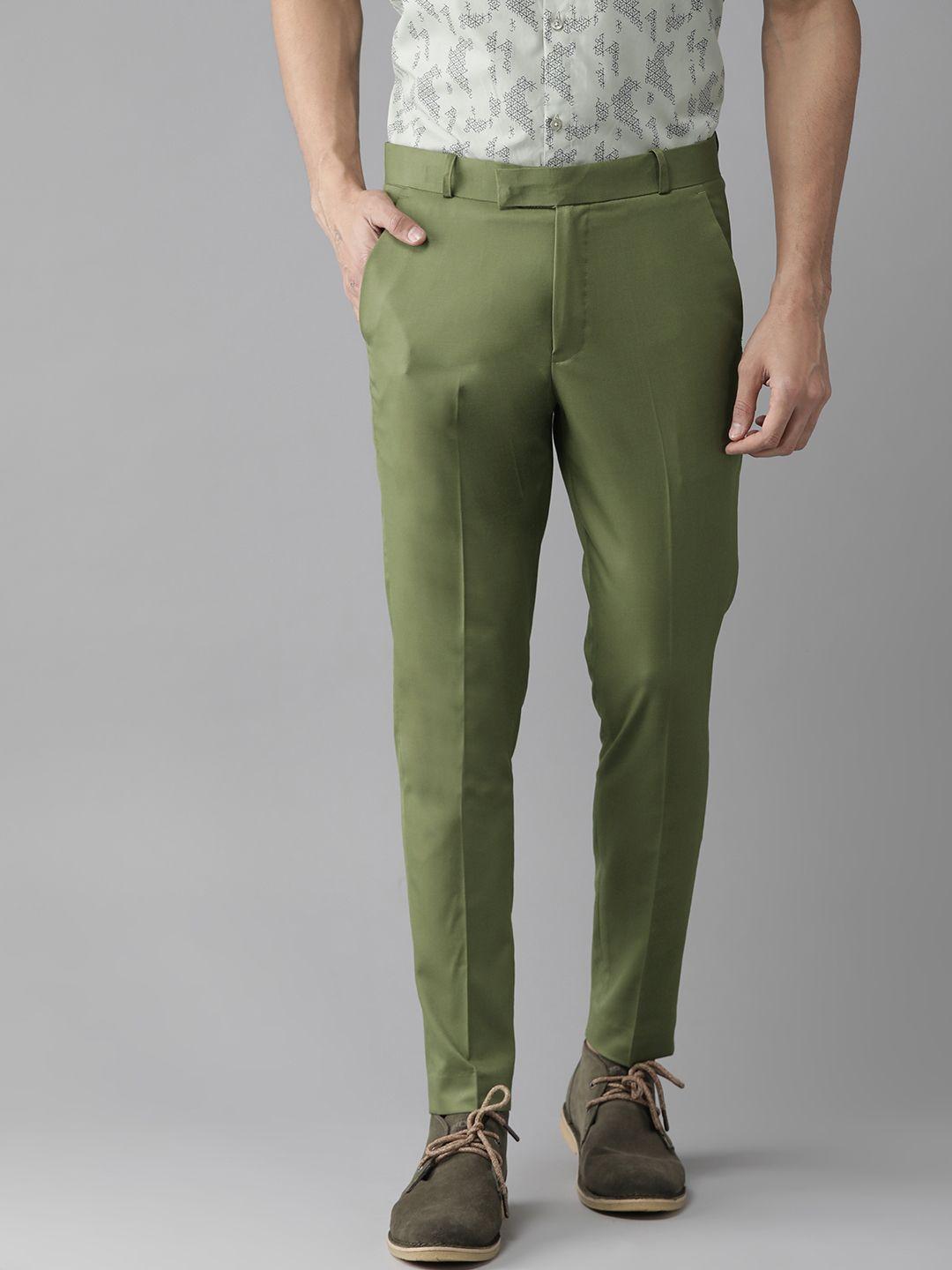 dennison men green smart tapered fit solid smart casual trousers