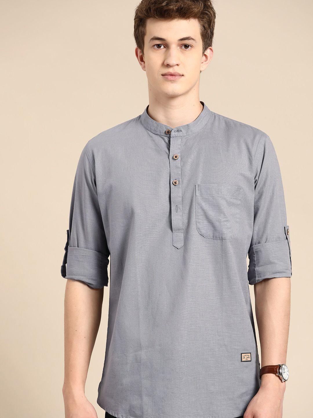 dennison men mandarin collar roll-up sleeves kurta