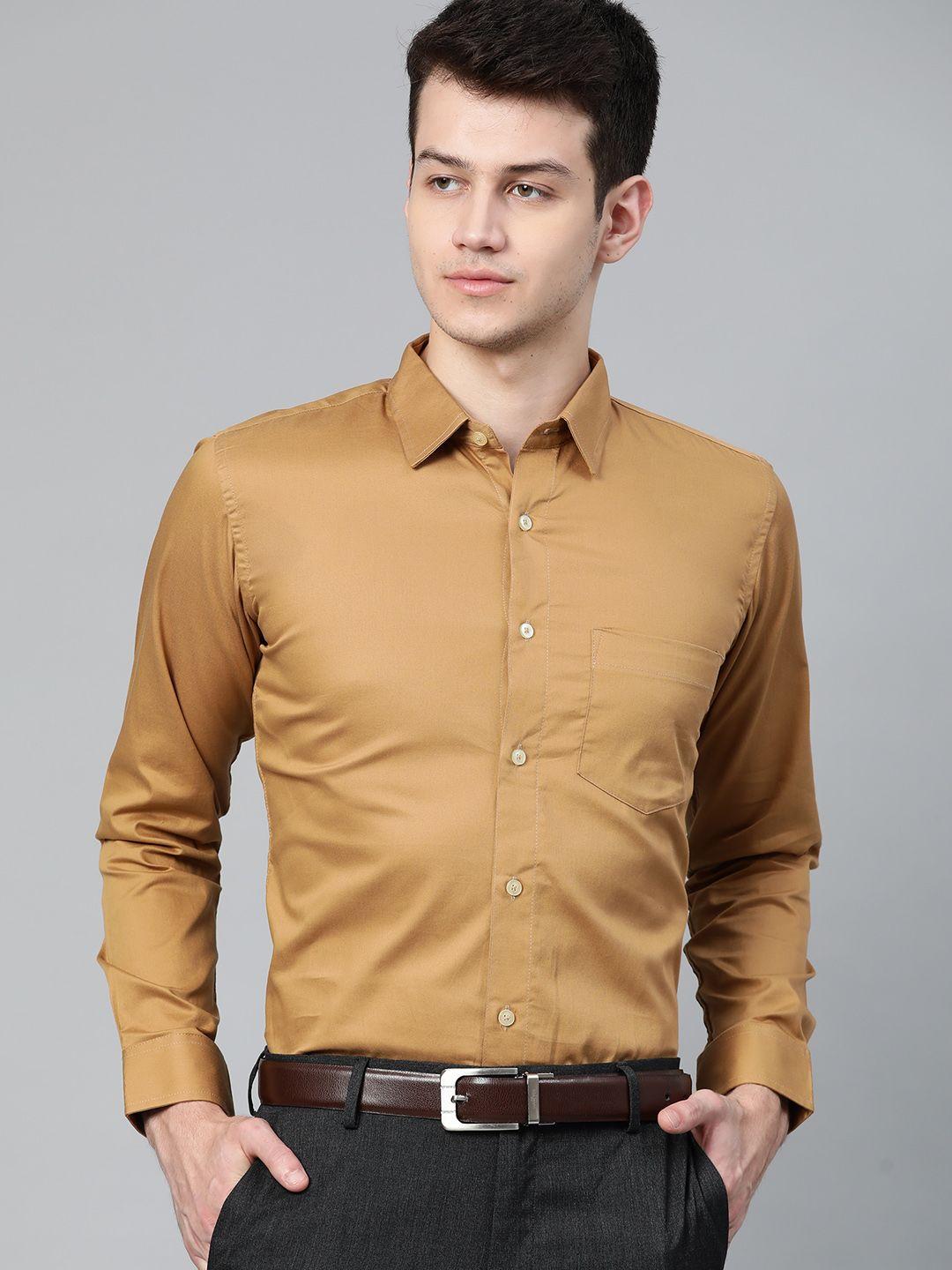 dennison men mustard brown smart slim fit solid twill formal shirt