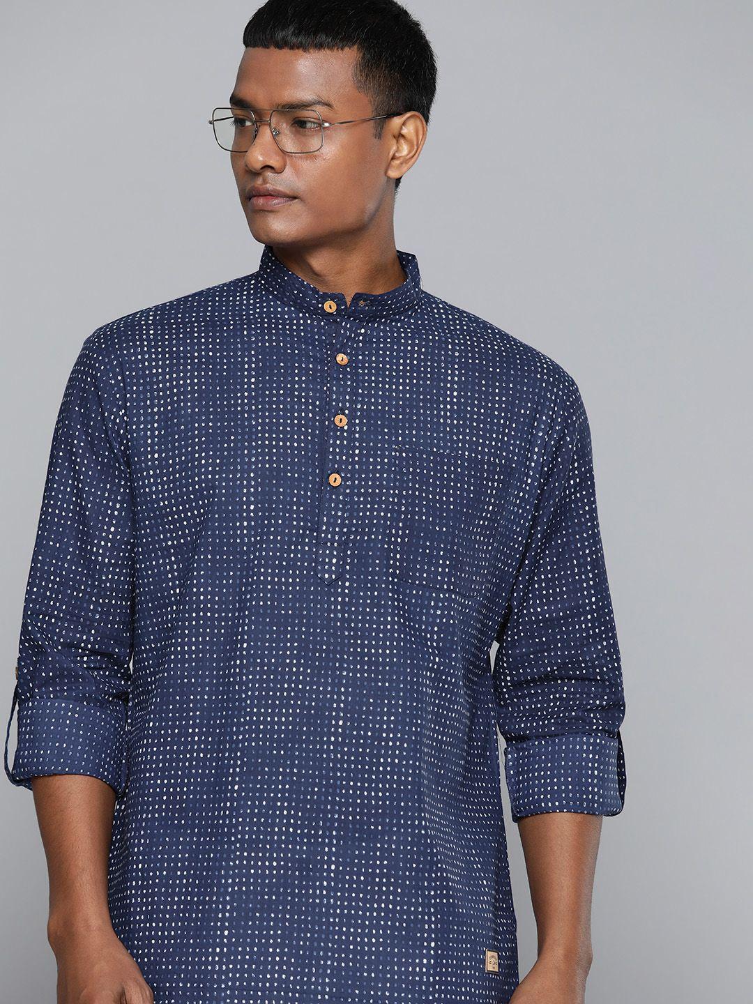 dennison men navy blue & white geometric printed kurta