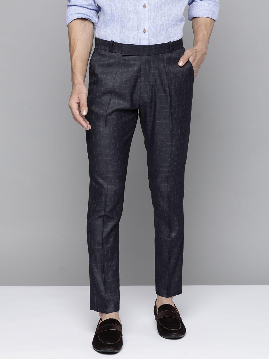 dennison men navy blue checked smart tapered fit trousers