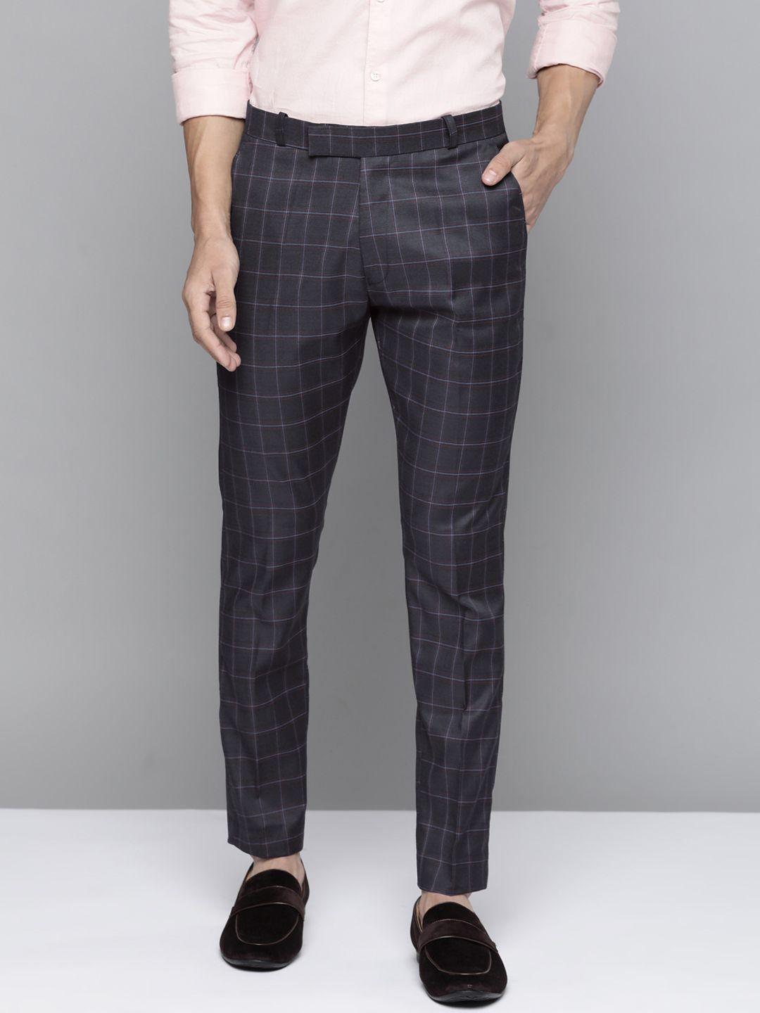 dennison men navy blue checked smart tapered fit trousers