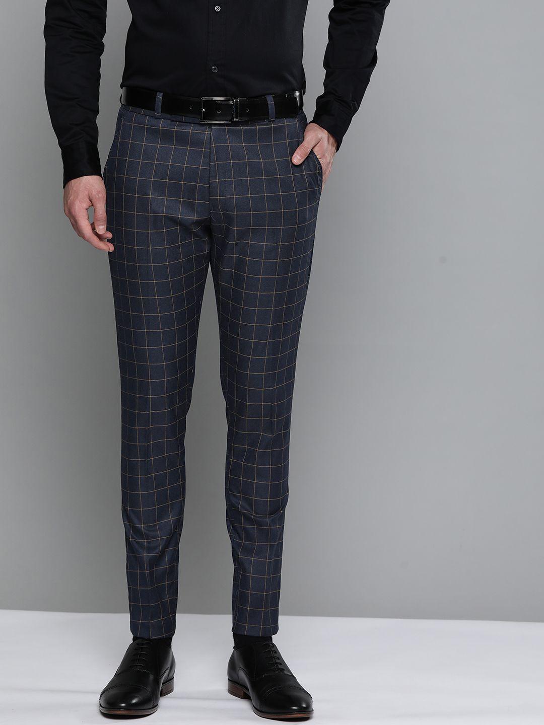 dennison men navy blue checked smart tapered fit wrinkle free trousers