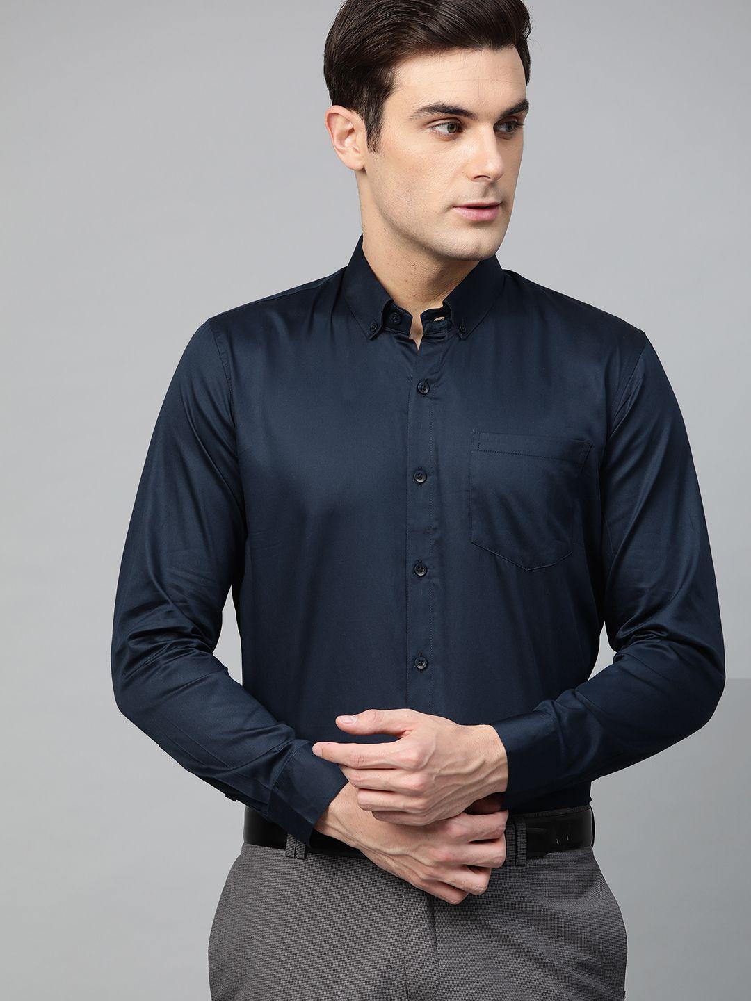 dennison men navy blue comfort regular fit solid formal shirt