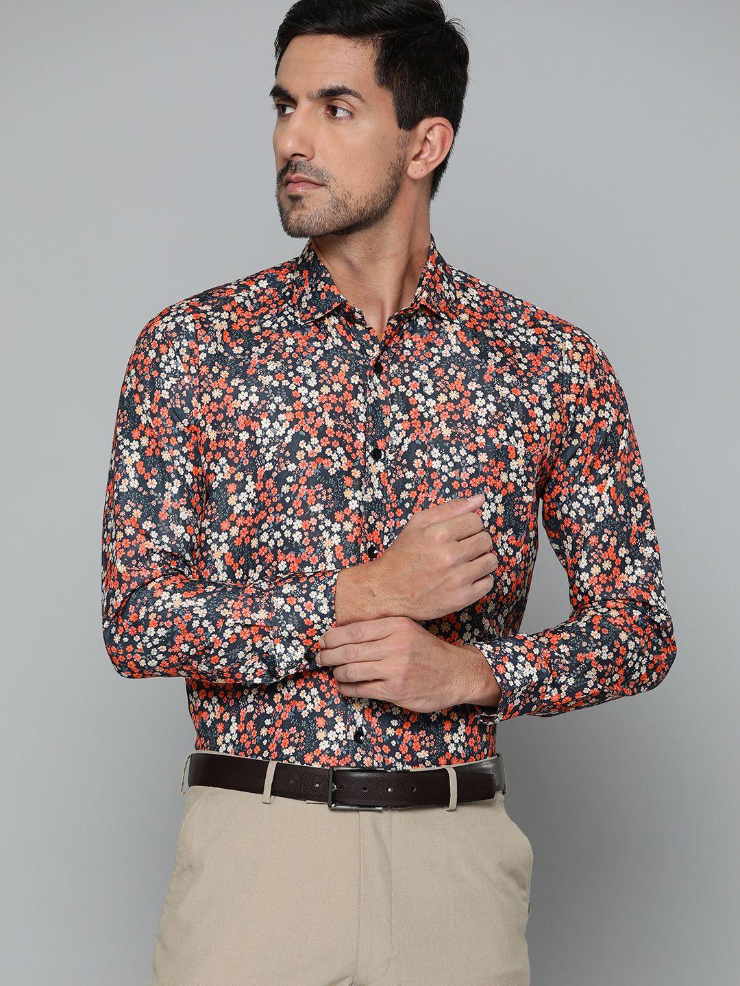 dennison men navy blue smart slim fit floral printed formal shirt