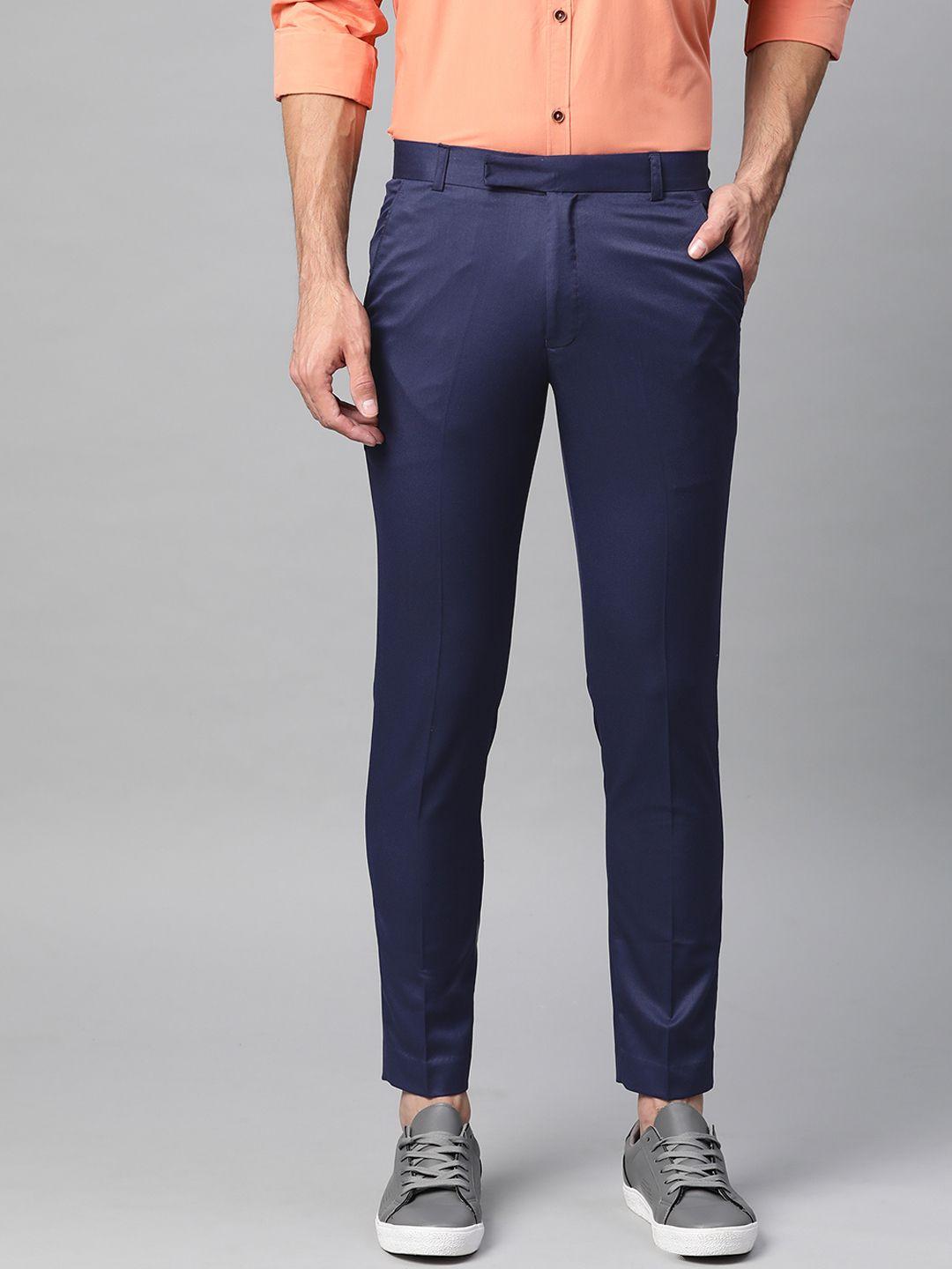 dennison men navy blue smart tapered fit solid cropped regular trousers