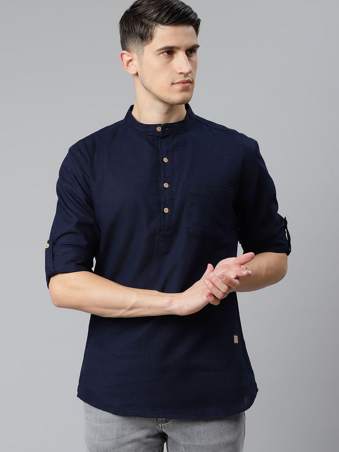 dennison men navy blue solid straight pure cotton short kurta