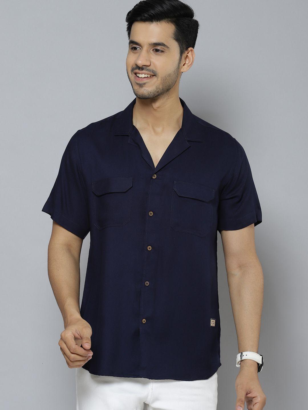 dennison men navy blue solid twill weave smart casual shirt