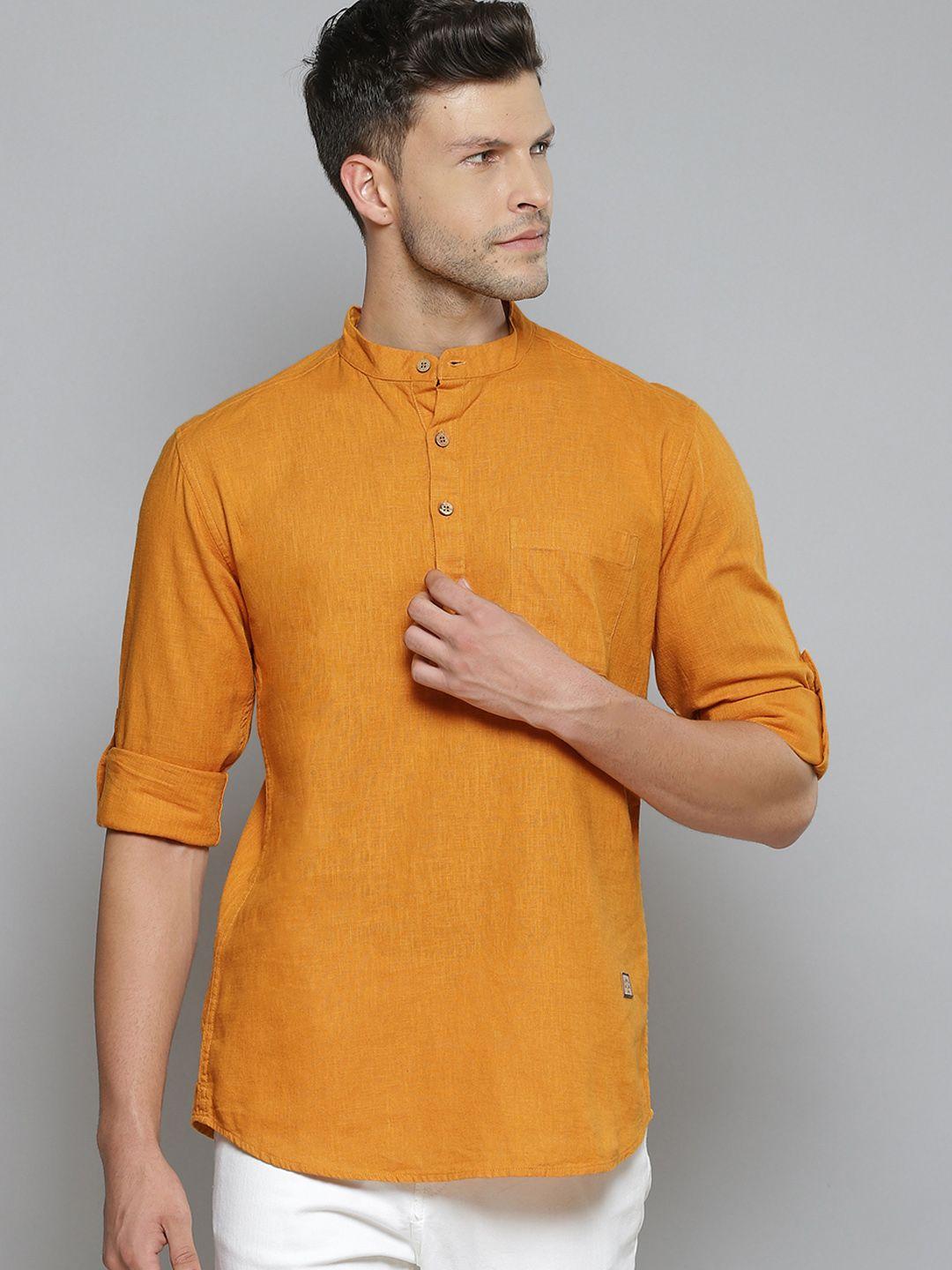 dennison men orange comfort slim fit short kurta