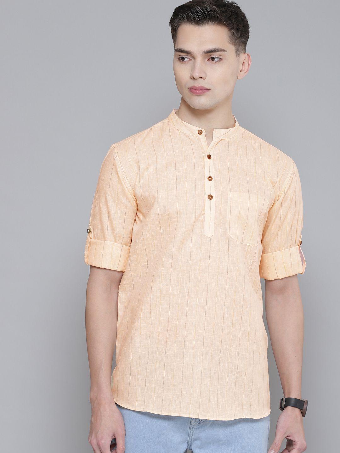 dennison men peach-coloured checked pastels kurta