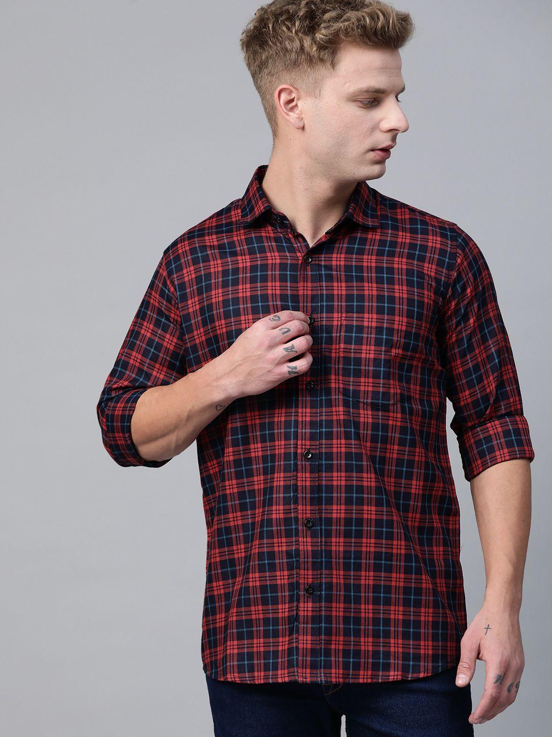 dennison men red & navy blue slim fit checked casual shirt