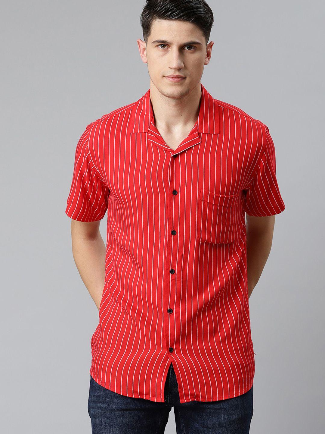 dennison men red & white smart slim fit pinstripes casual shirt