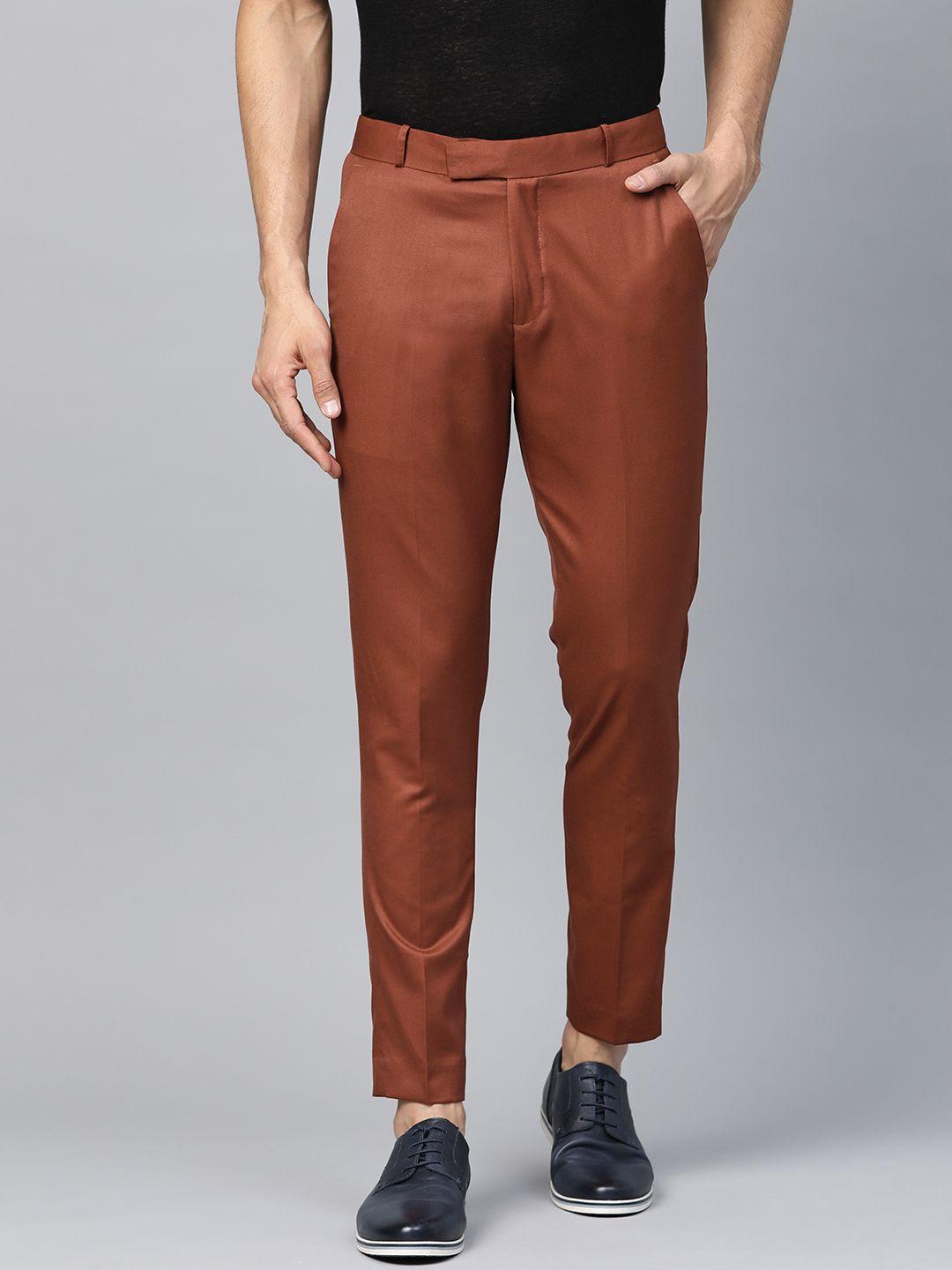 dennison men rust red smart tapered fit solid regular trousers